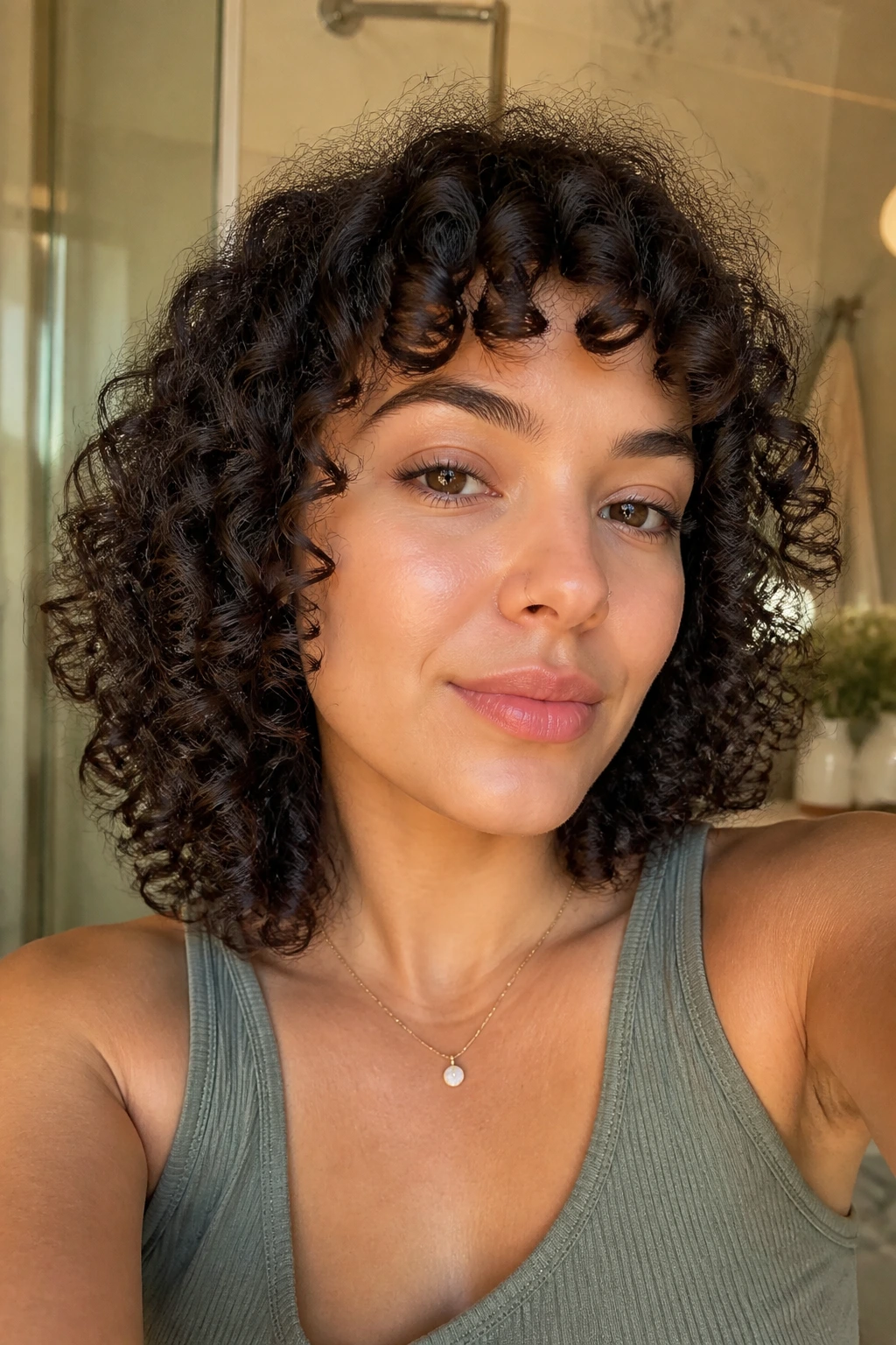 Close-up of a real person with a soft curved fringe above the brow in a sunlit bathroom