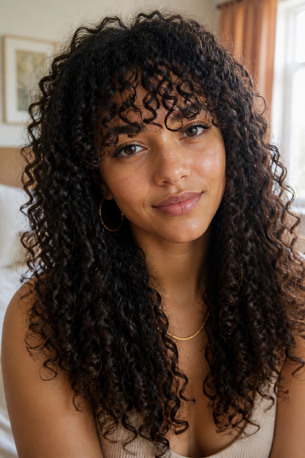 Close-up of a real woman with curly fringe resting on the forehead in warm window light