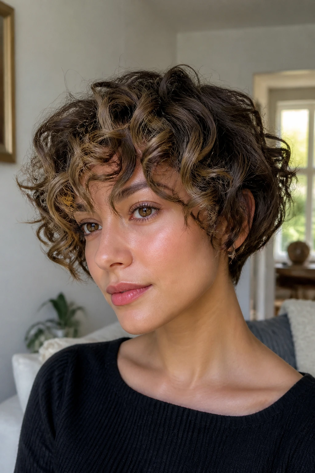 Real woman with curly fringe stack hairstyle and babylights