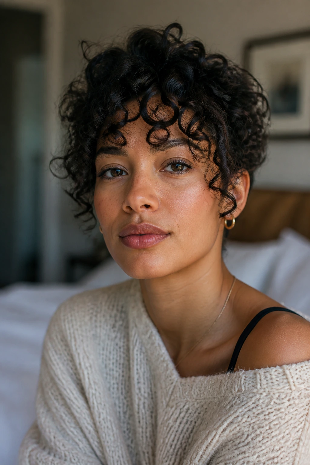 Close-up of a real woman with temple-length curly fringe framing her face