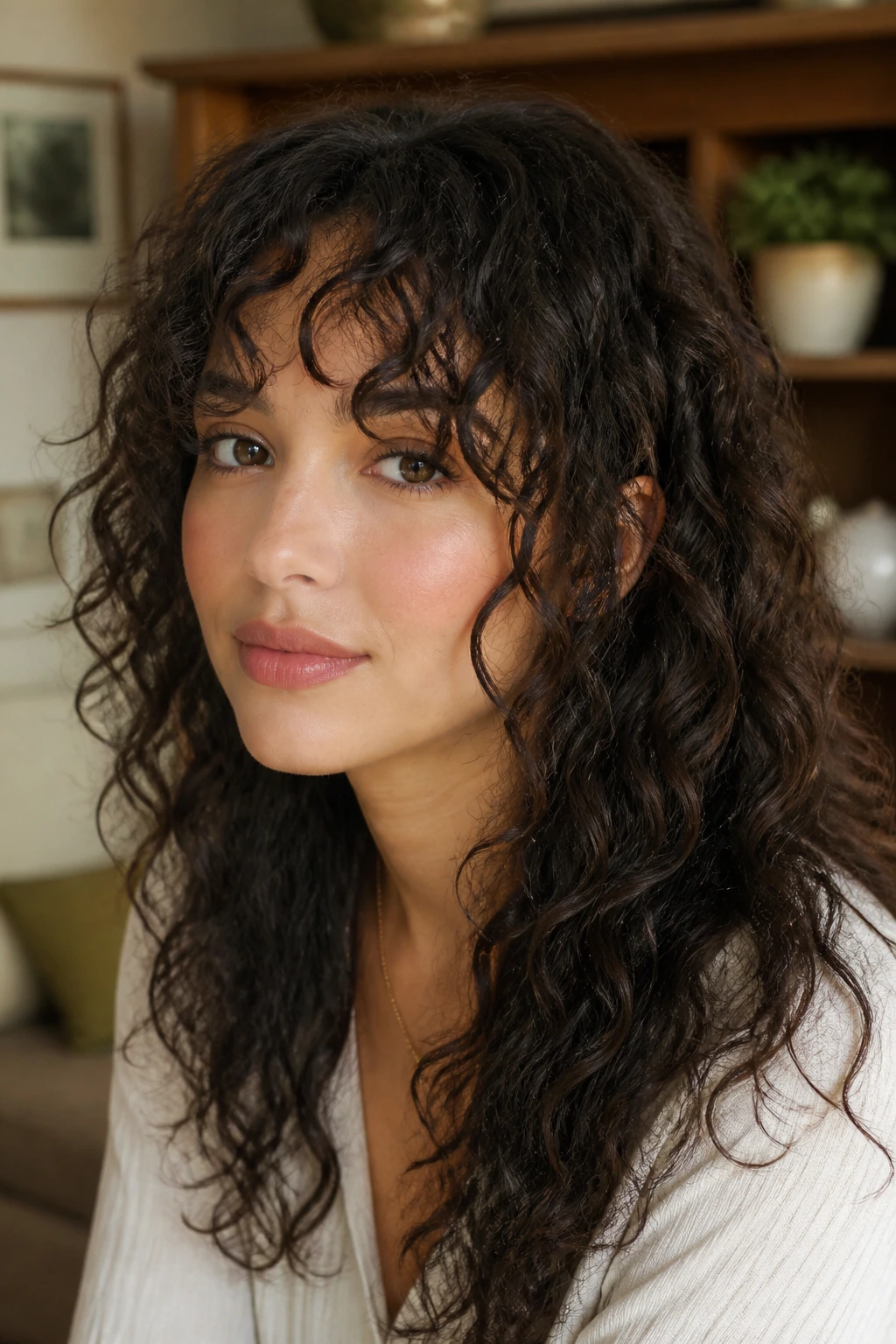 Close-up portrait of a real person with curly fringe and long tendrils around the face.