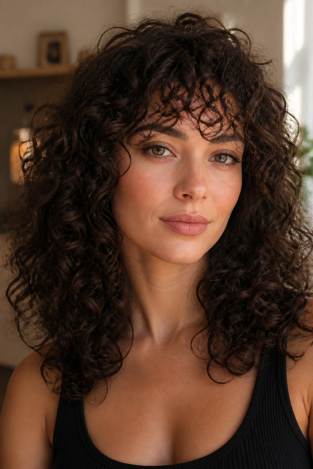 Real woman with curly thick-hair fringe close-up portrait