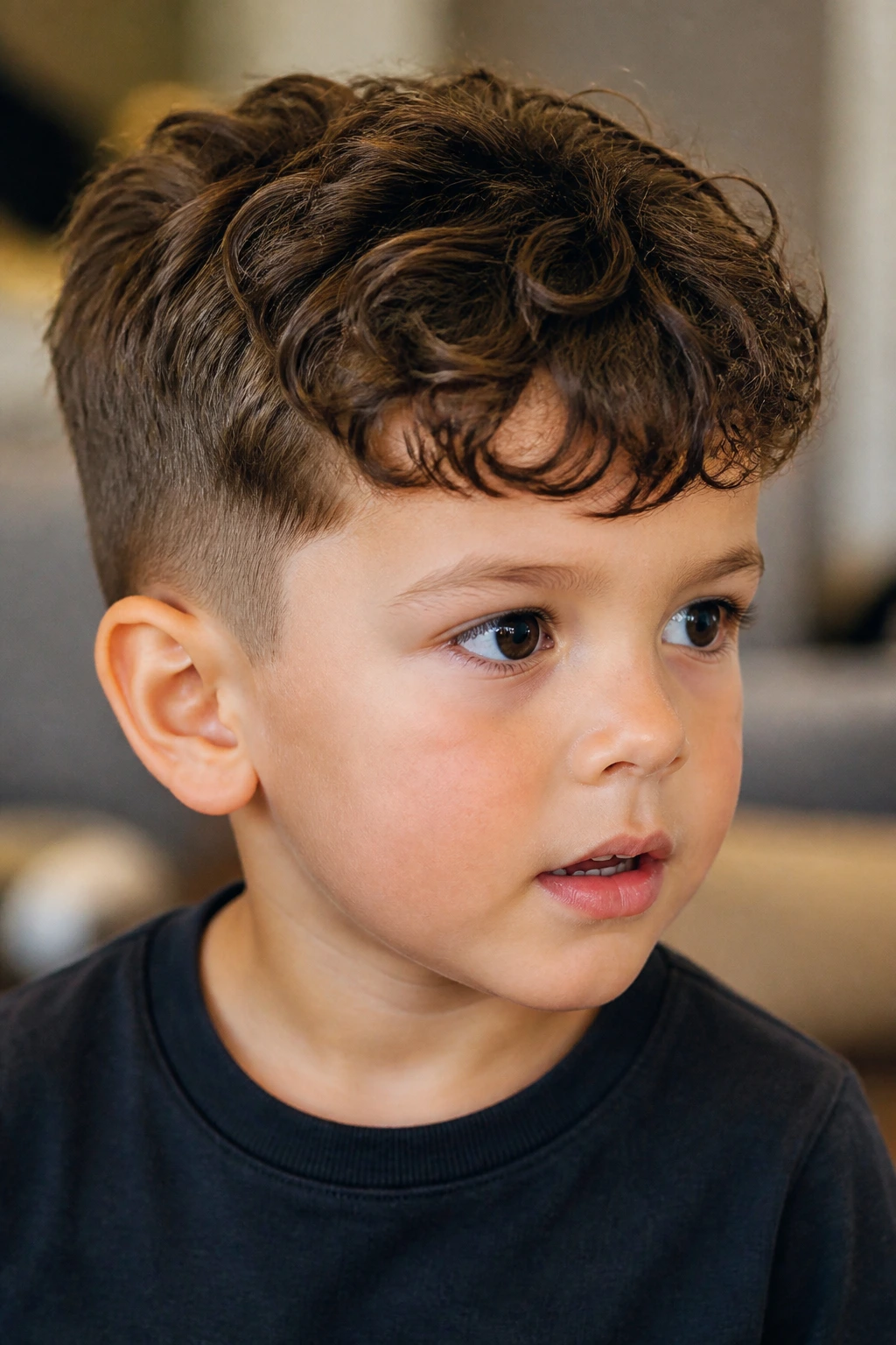 Toddler with curly fringe and clean sides hairstyle