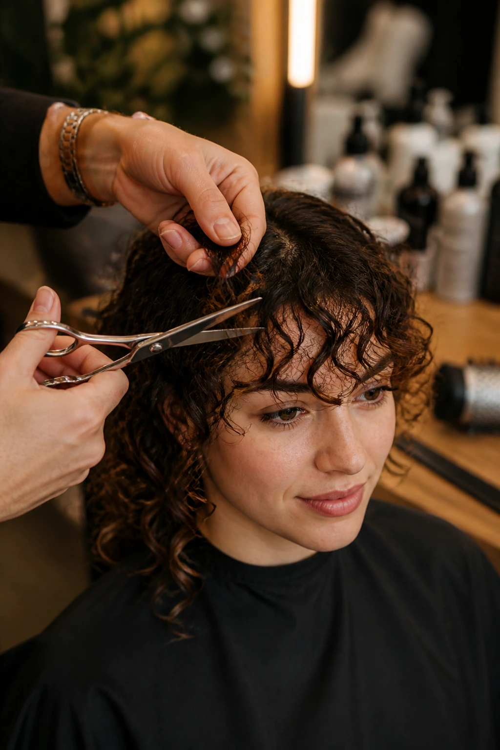 Close-up of hairstylist's hands using scissors on a client's curly fringe in a salon