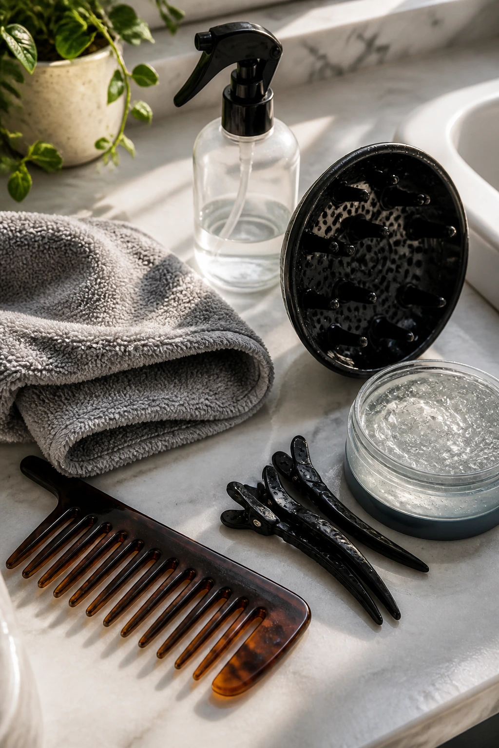 Flat-lay of curly fringe tools on a bathroom counter