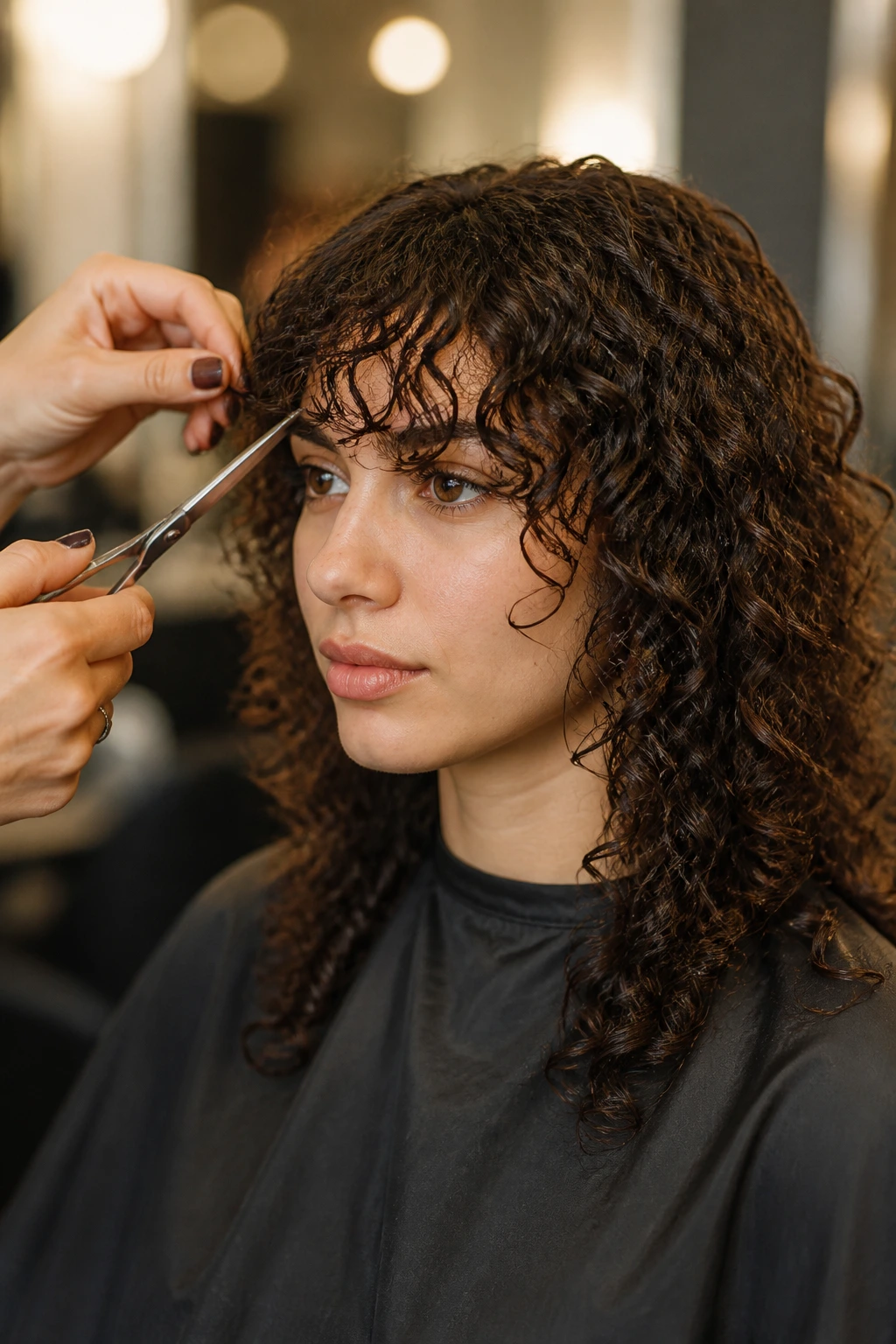 Real person getting a curtain bangs trim in a salon with focus on the fringe
