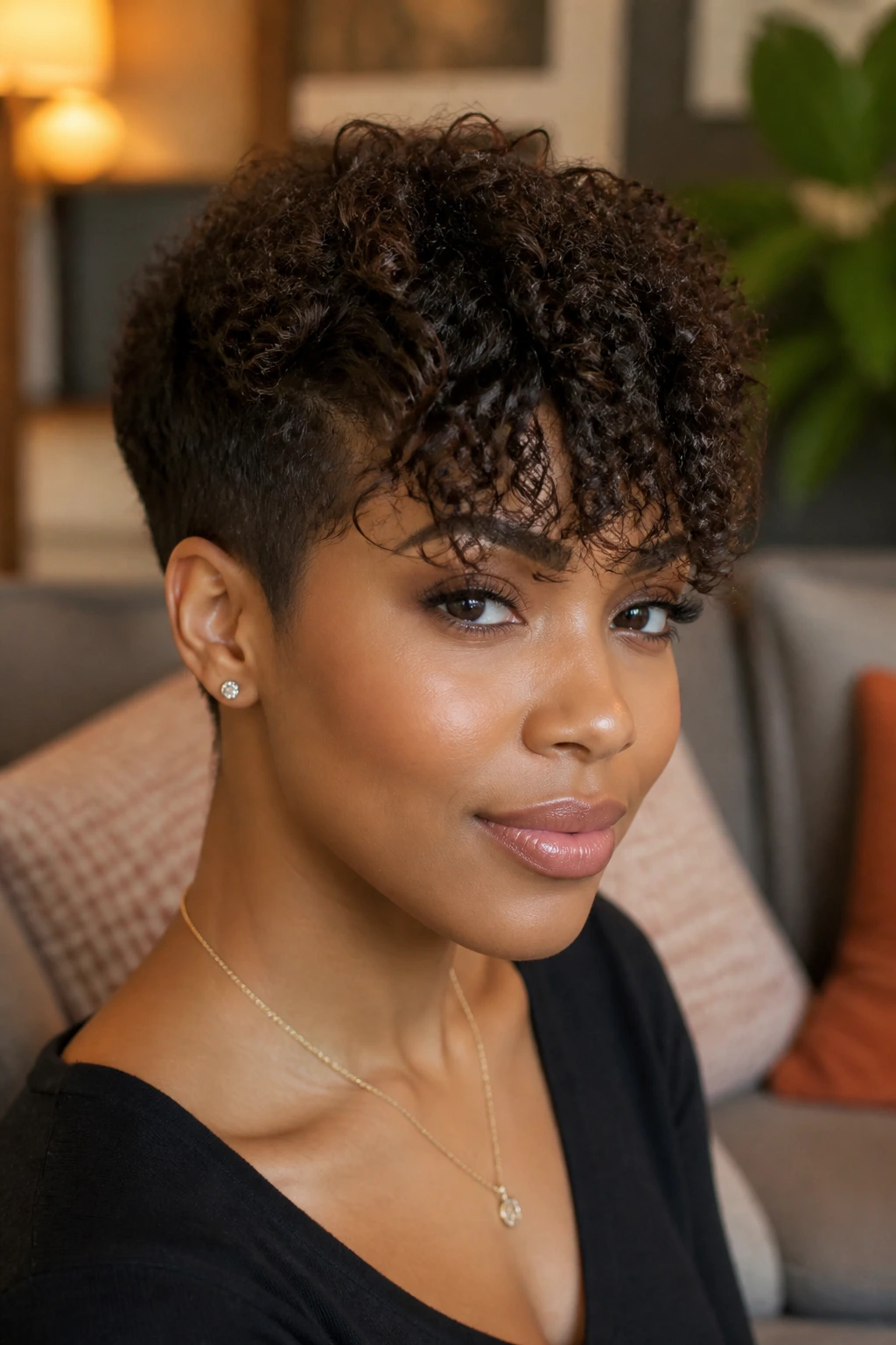 Real woman with curly fringe two-block cut, fringe curling near eyes.
