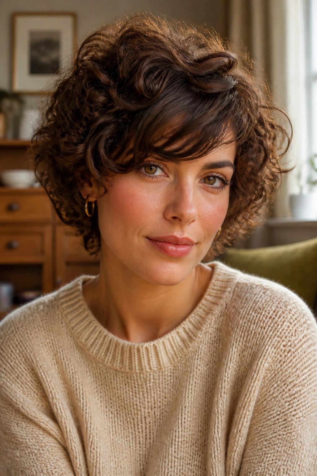 Close-up of a person with curly hair and a side-swept fringe in a warm home setting