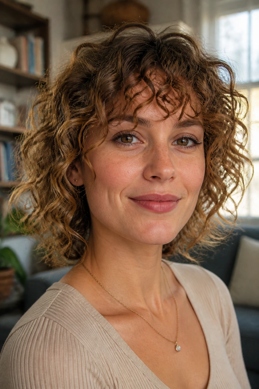 Portrait of a woman with a softly curved fringe and gentle curl