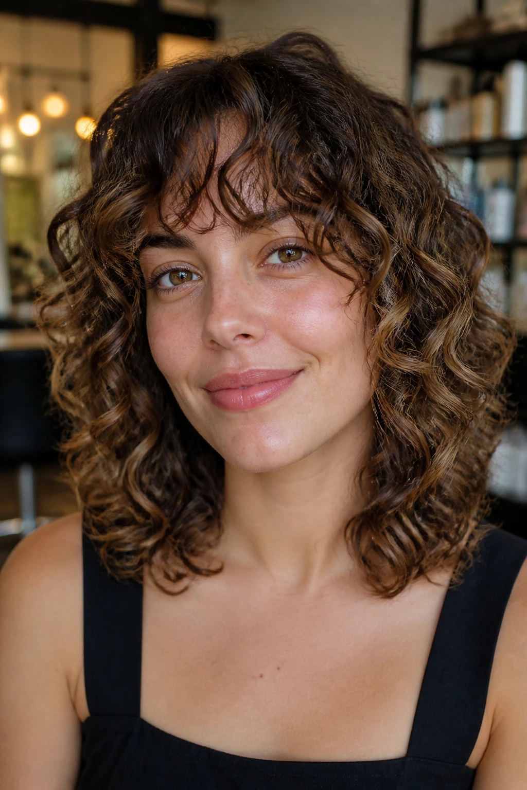 Portrait of a woman with curly shoulder-length hair and fringe variation