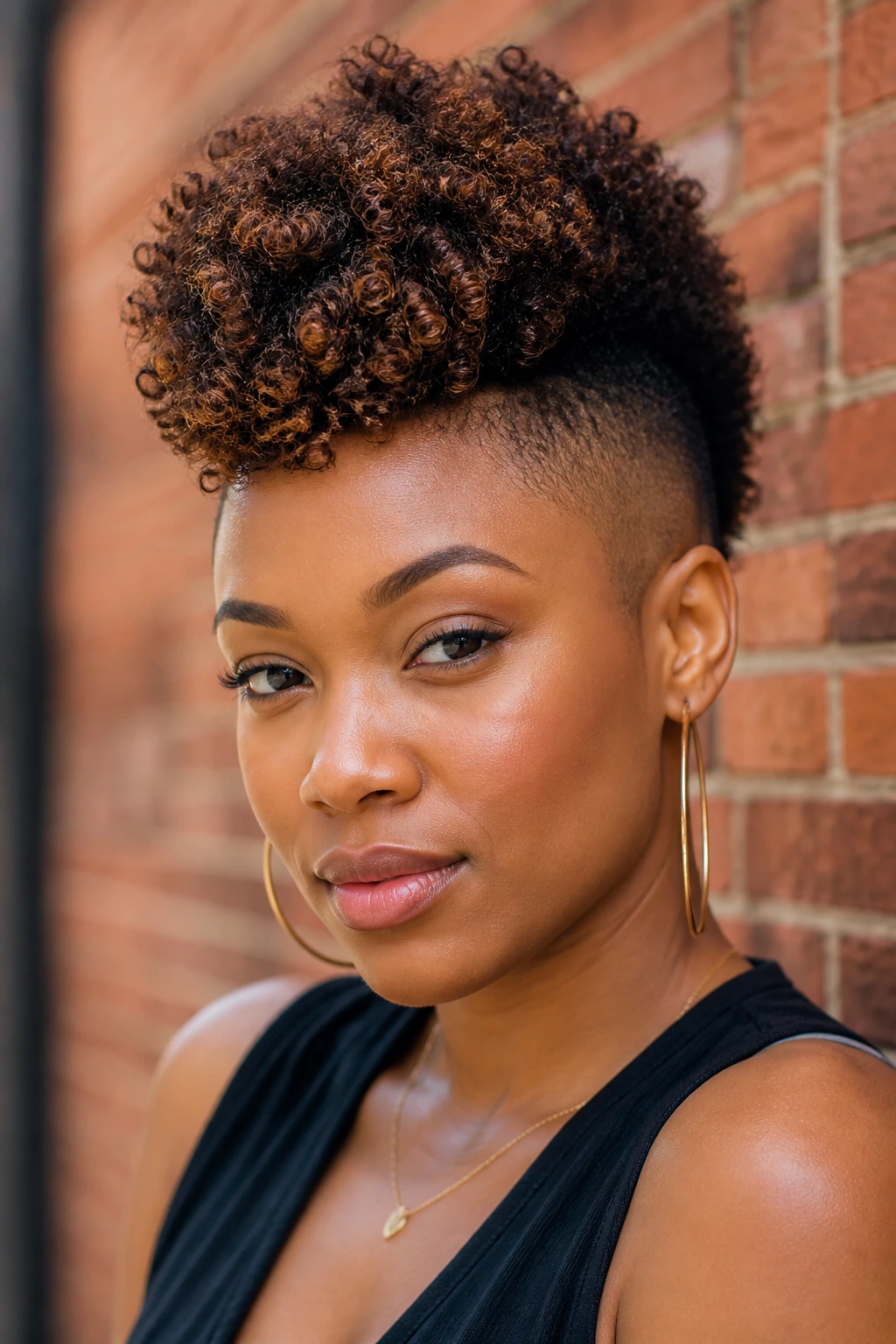 Close-up portrait showing a curly frohawk with a dense center and faded sides