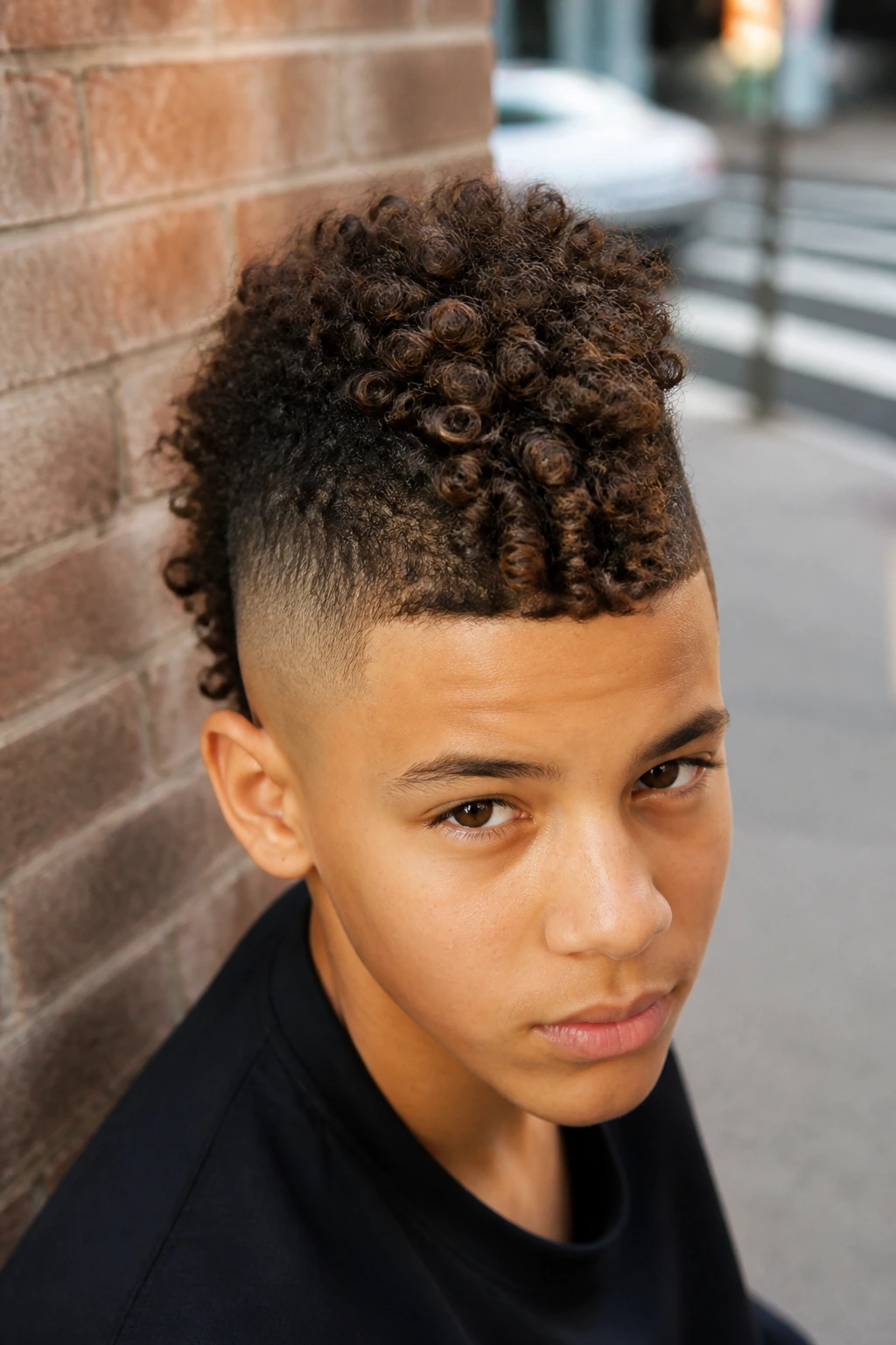 Close-up portrait of a real boy with a centered curly frohawk and faded sides.