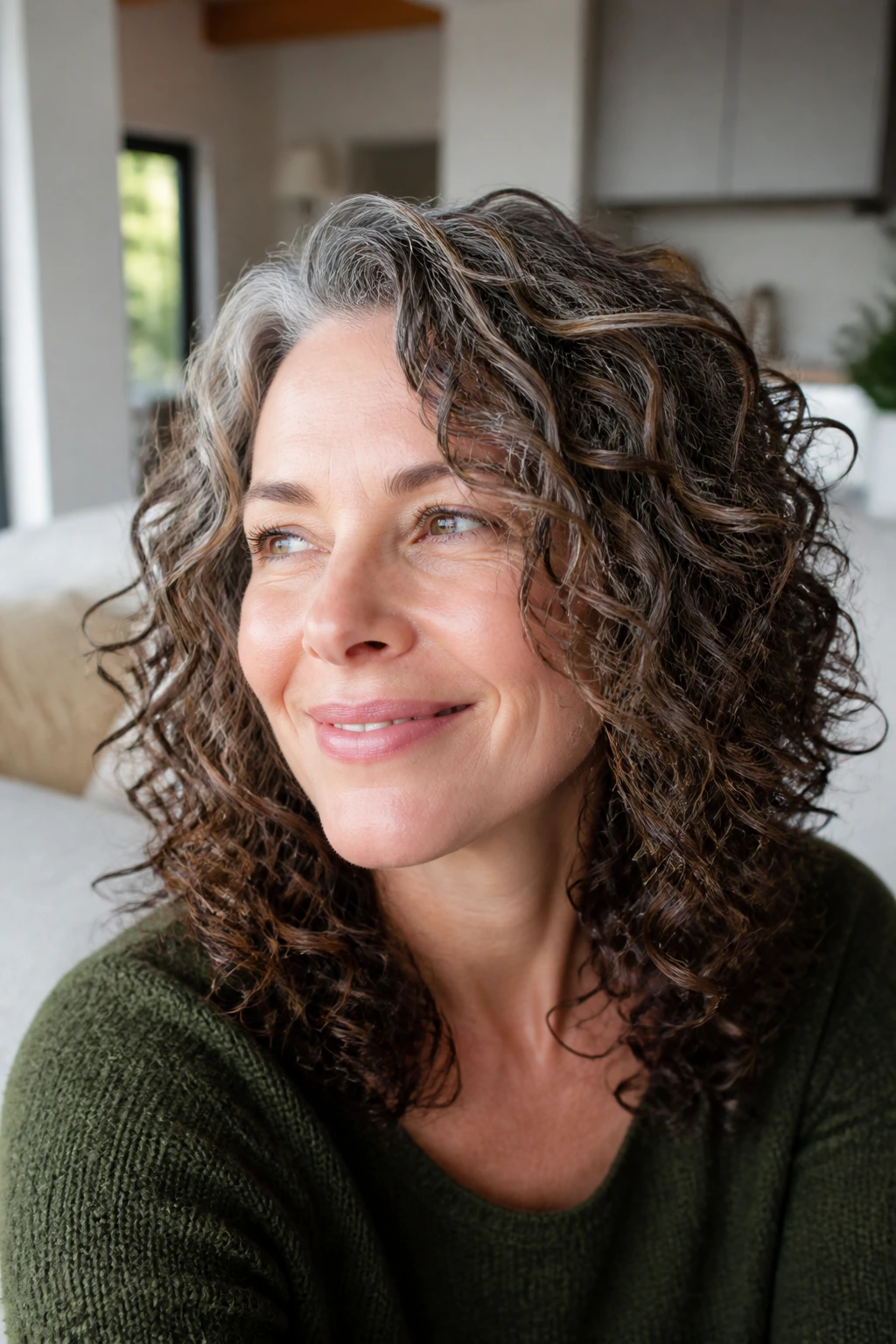 Close-up of a real woman with curly hair showing a gray-to-brown blend that disappears in movement