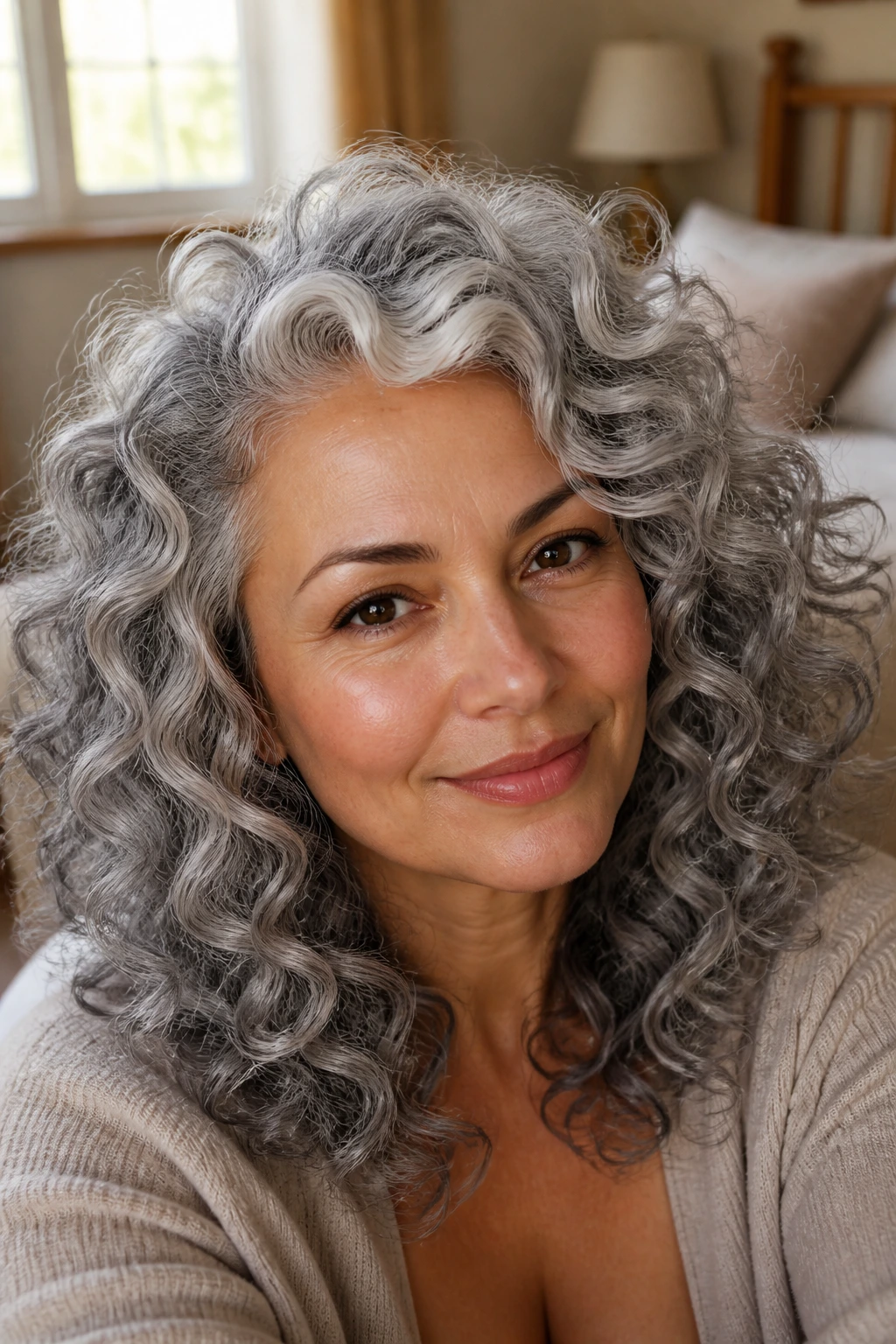 Close-up portrait of a real person with curly grey hair in warm lighting
