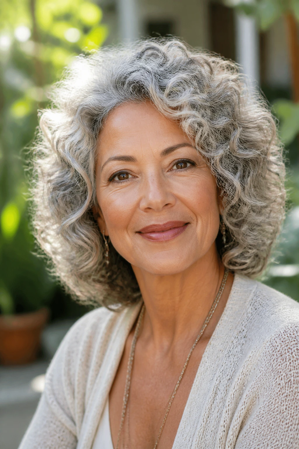 Real person with curly grey halo layers framing the face.