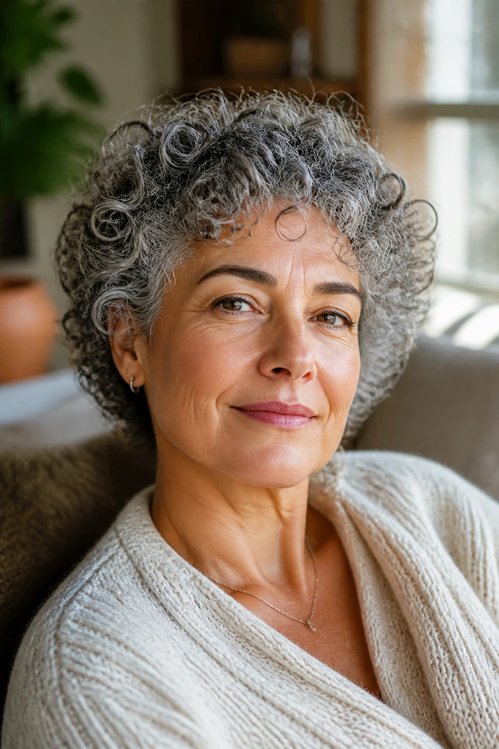 Close-up portrait of a 50+ woman with curly hair showing shrinkage-friendly haircut.