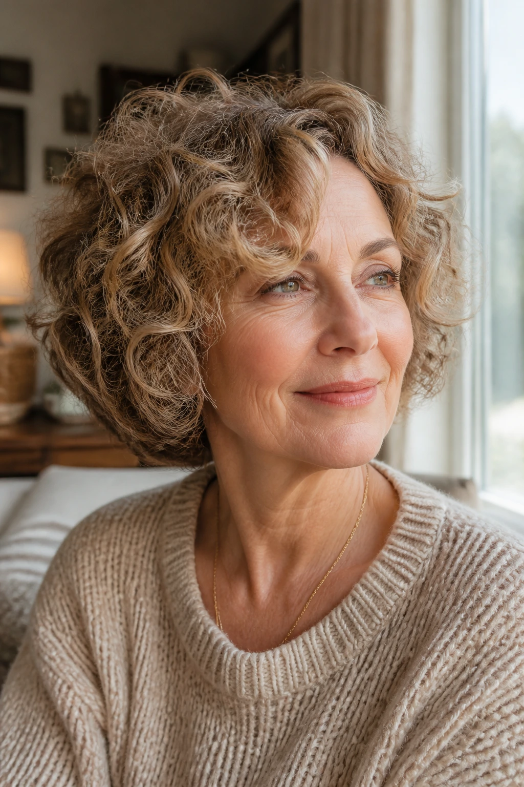 Portrait of a mature woman with curly hair after 50 showcasing a tousled bob’s shape