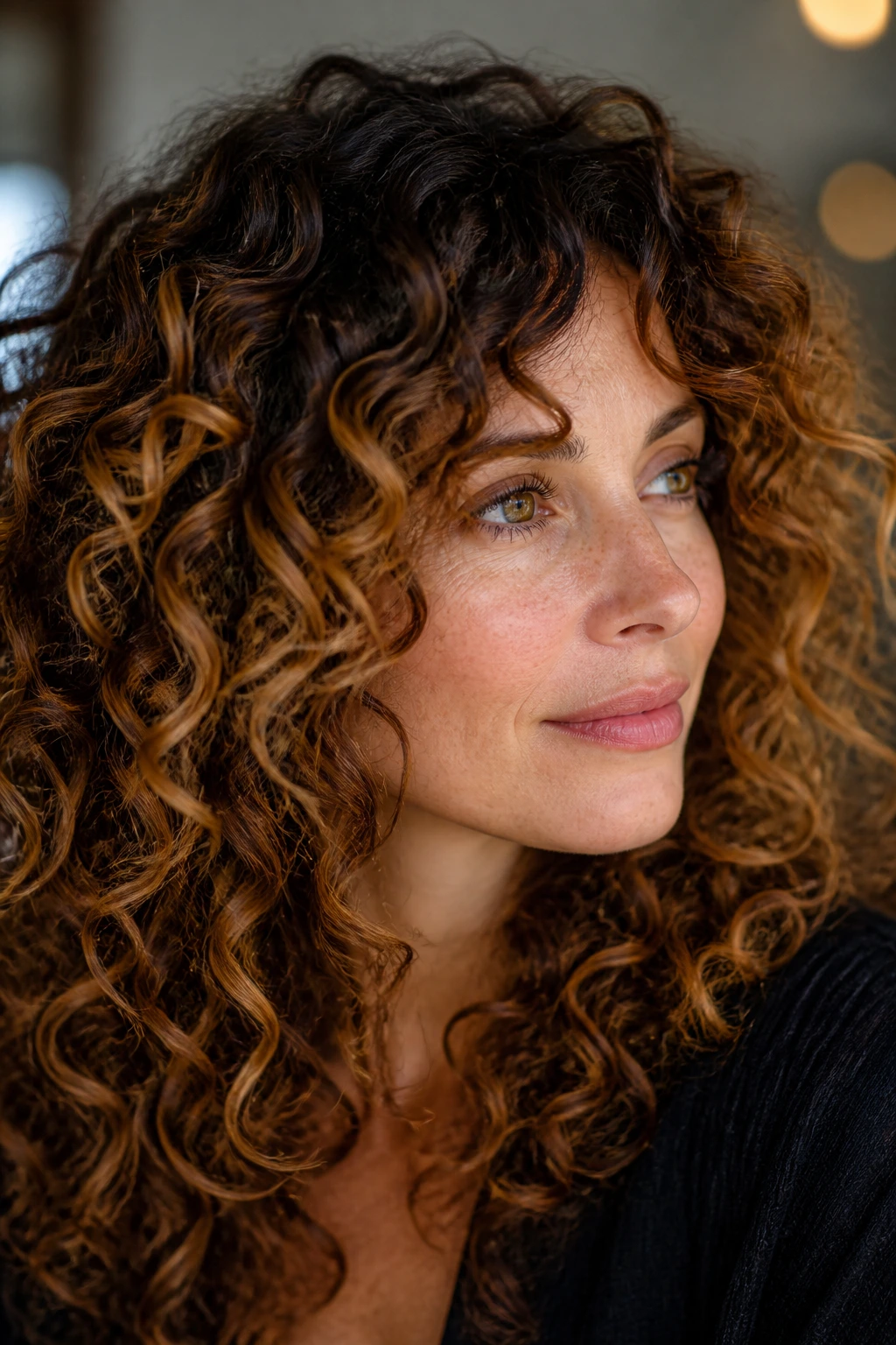 Close-up of curly hair with amber halo highlights on a real person in a warm salon setting