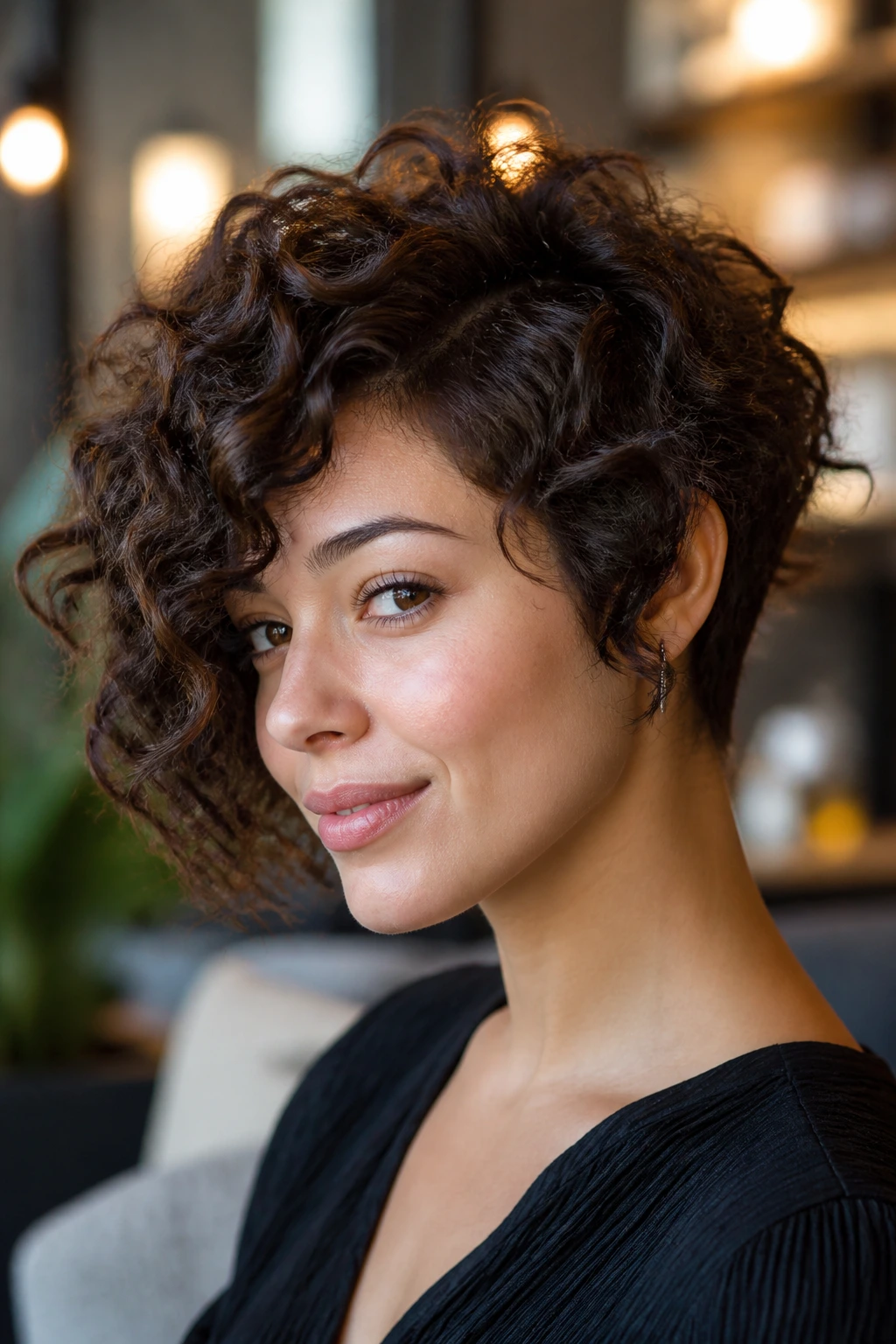Portrait of a person with diagonal curly asymmetry in soft lighting