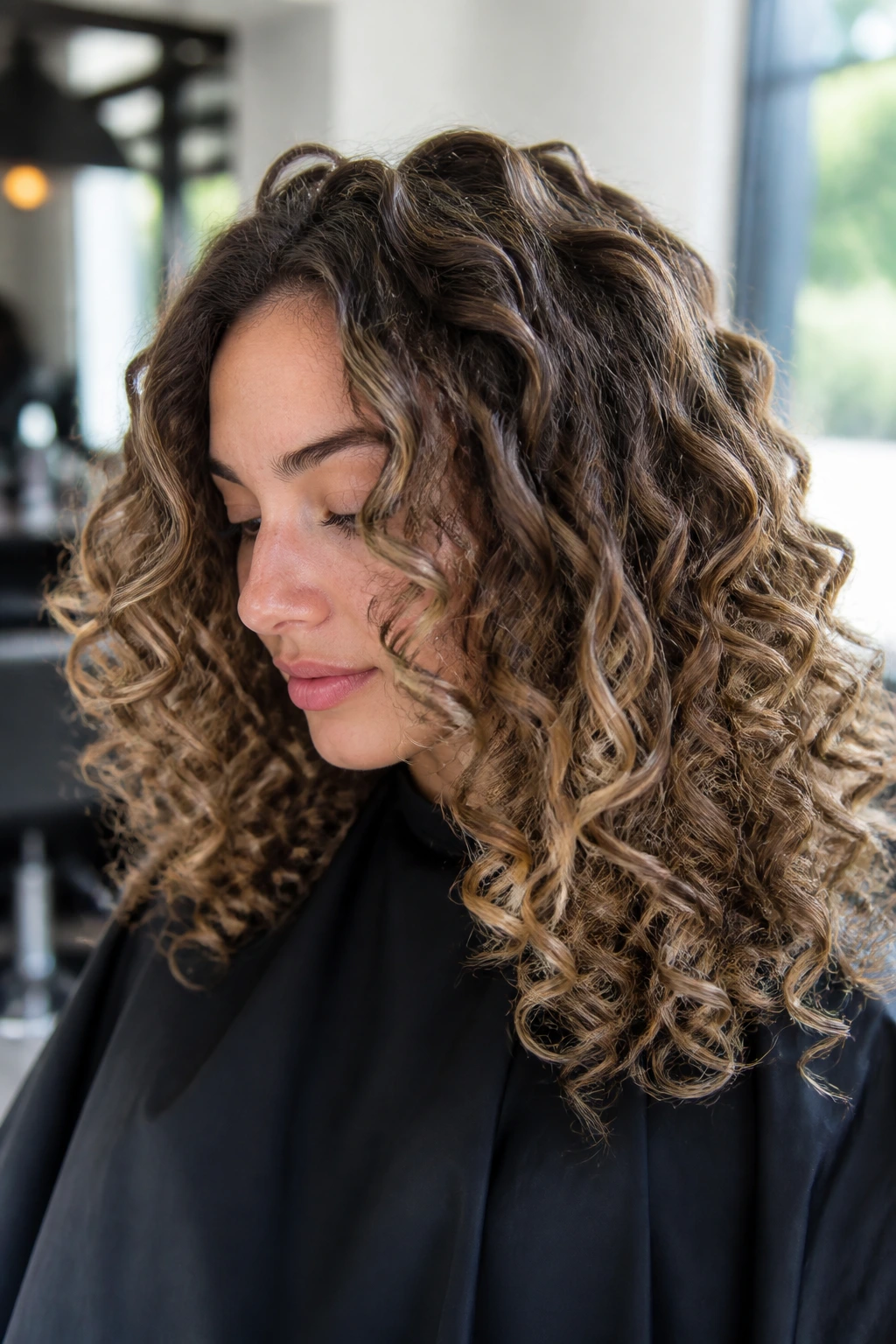 Close-up of curly hair showing varied light distribution on outer and inner curls