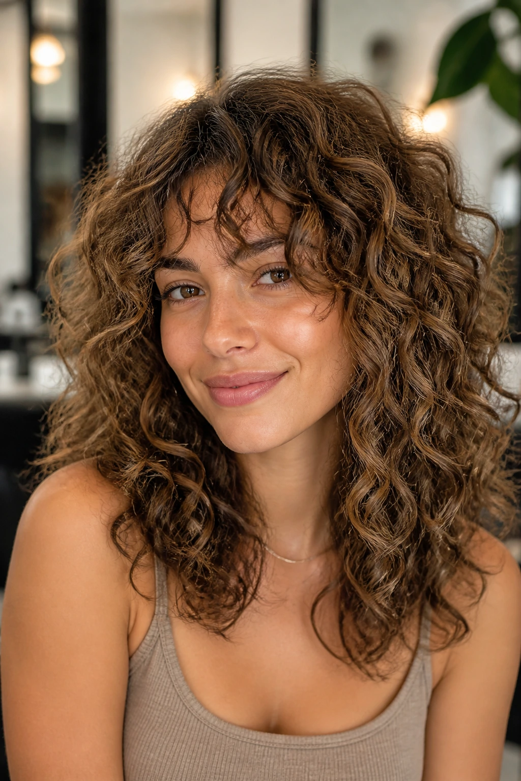 Portrait of real person with curly hair showing soft fringe and babylights