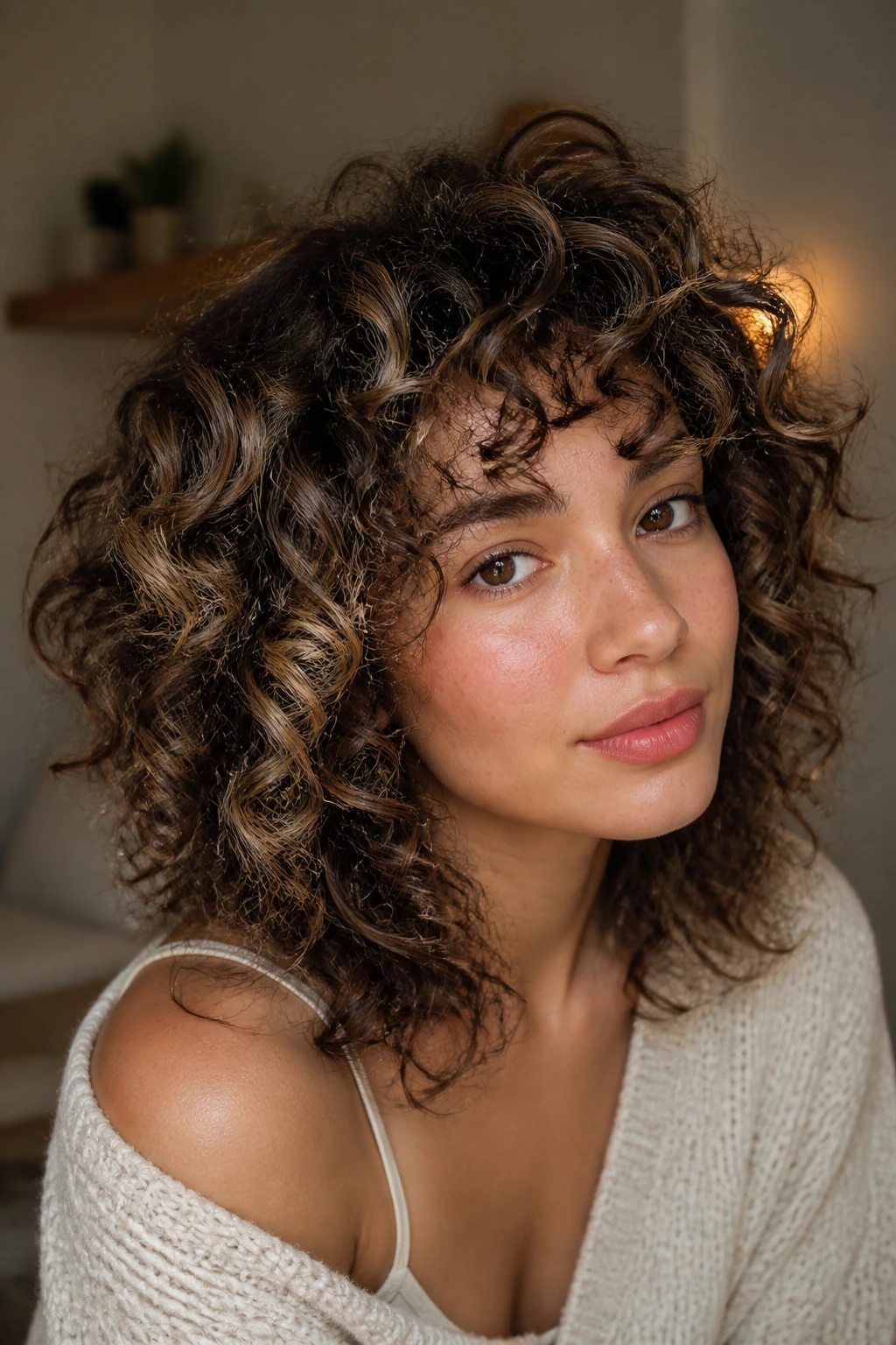 Portrait of real person with curly hair showing babylights and gloss