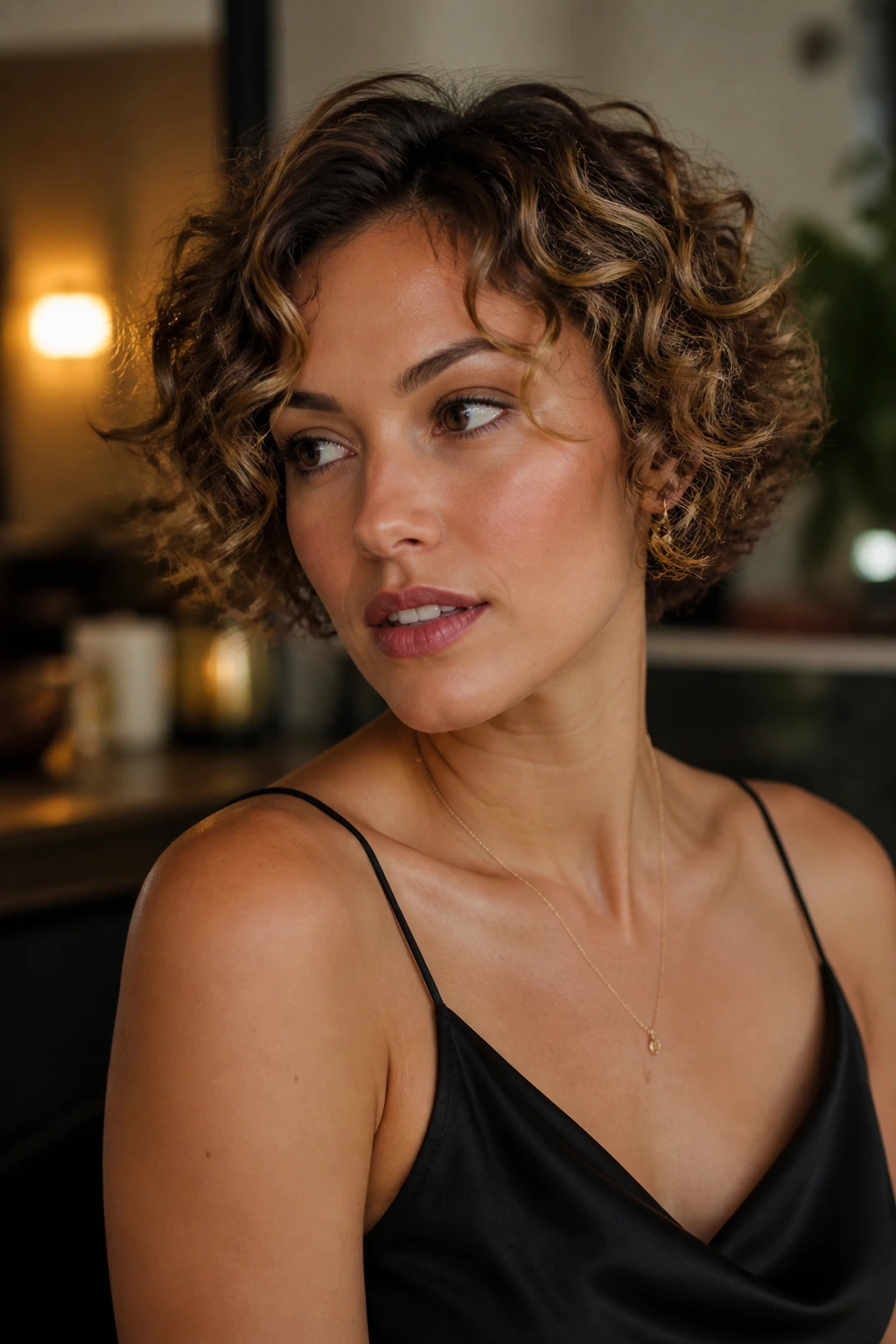Portrait of a woman with short curls and babylights looking away as if checking a reflection