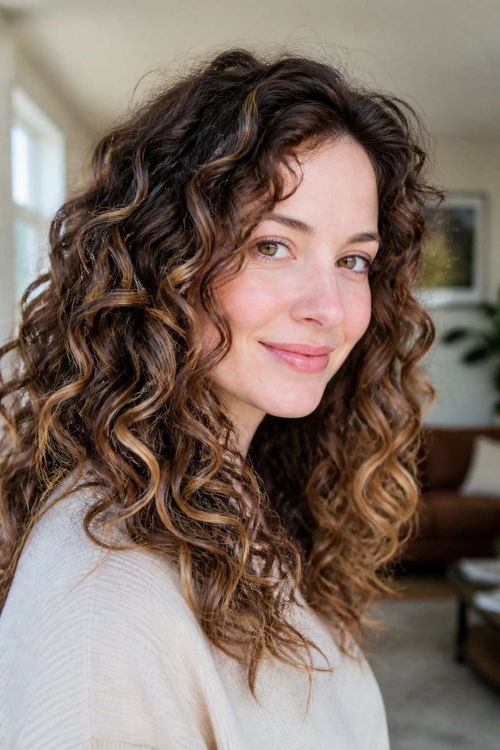 Close-up of a real woman with curly hair showing ribbon highlights built into curls