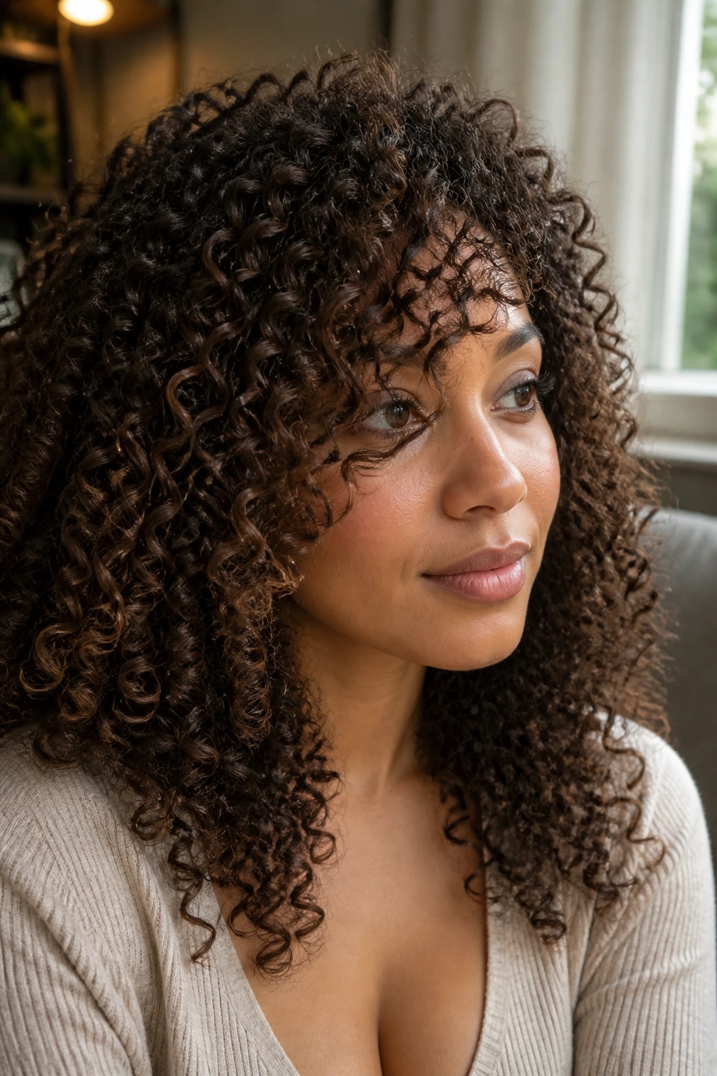 Close-up of a real woman with curly hair and sweeping bangs that frame the cheeks.