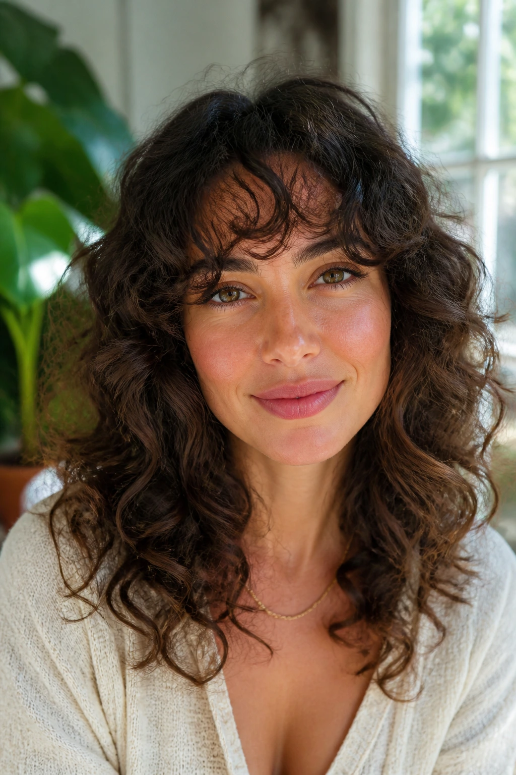 Close-up portrait of a person with curly bangs and halo layers