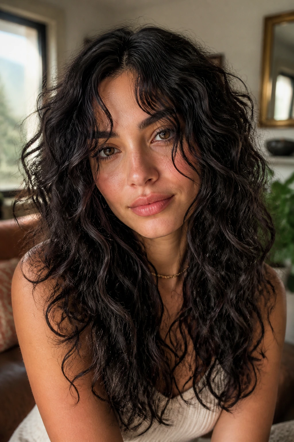 Close-up portrait of a real woman with dark curly hair in boho layered style and piecey front pieces