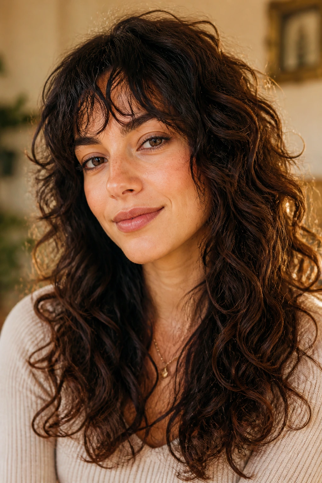 Real woman with curly hair and wispy bangs.
