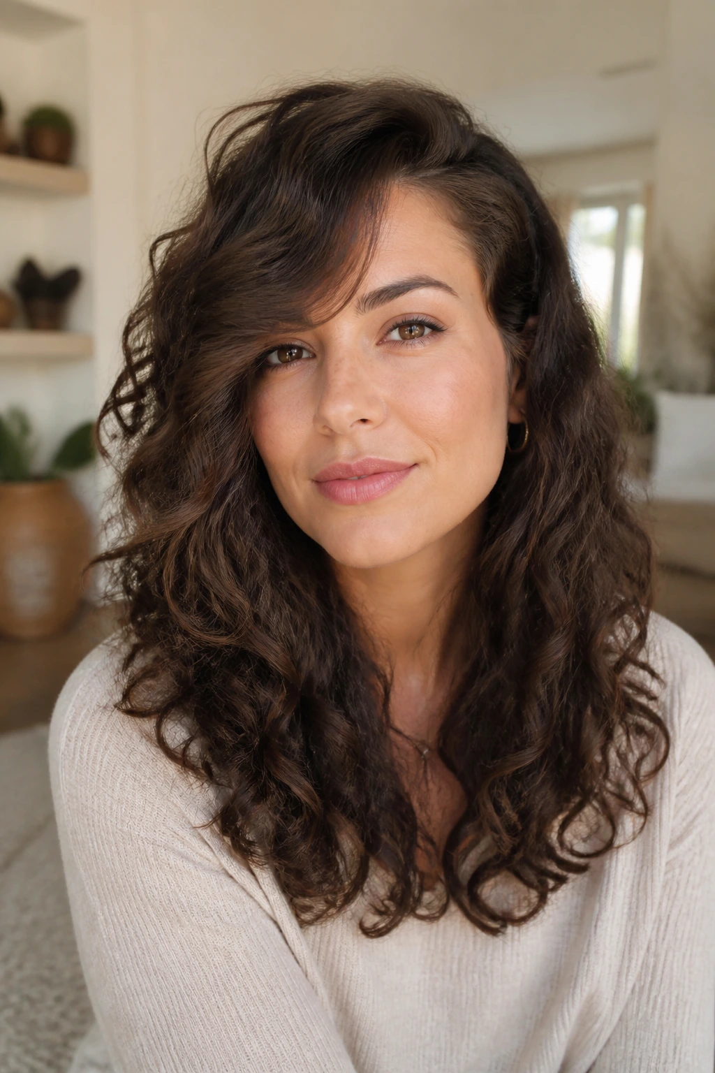Close-up of a real woman with side-swept curly bangs