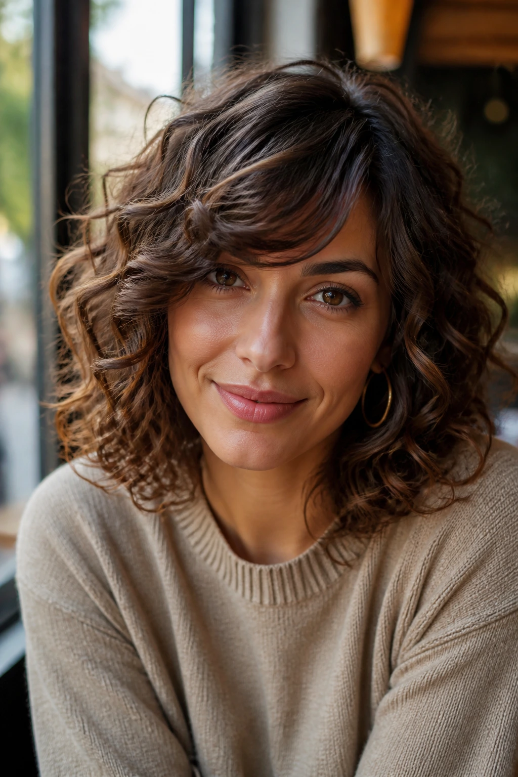 Portrait of a woman with side-swept bangs on curly hair in cafe window light.