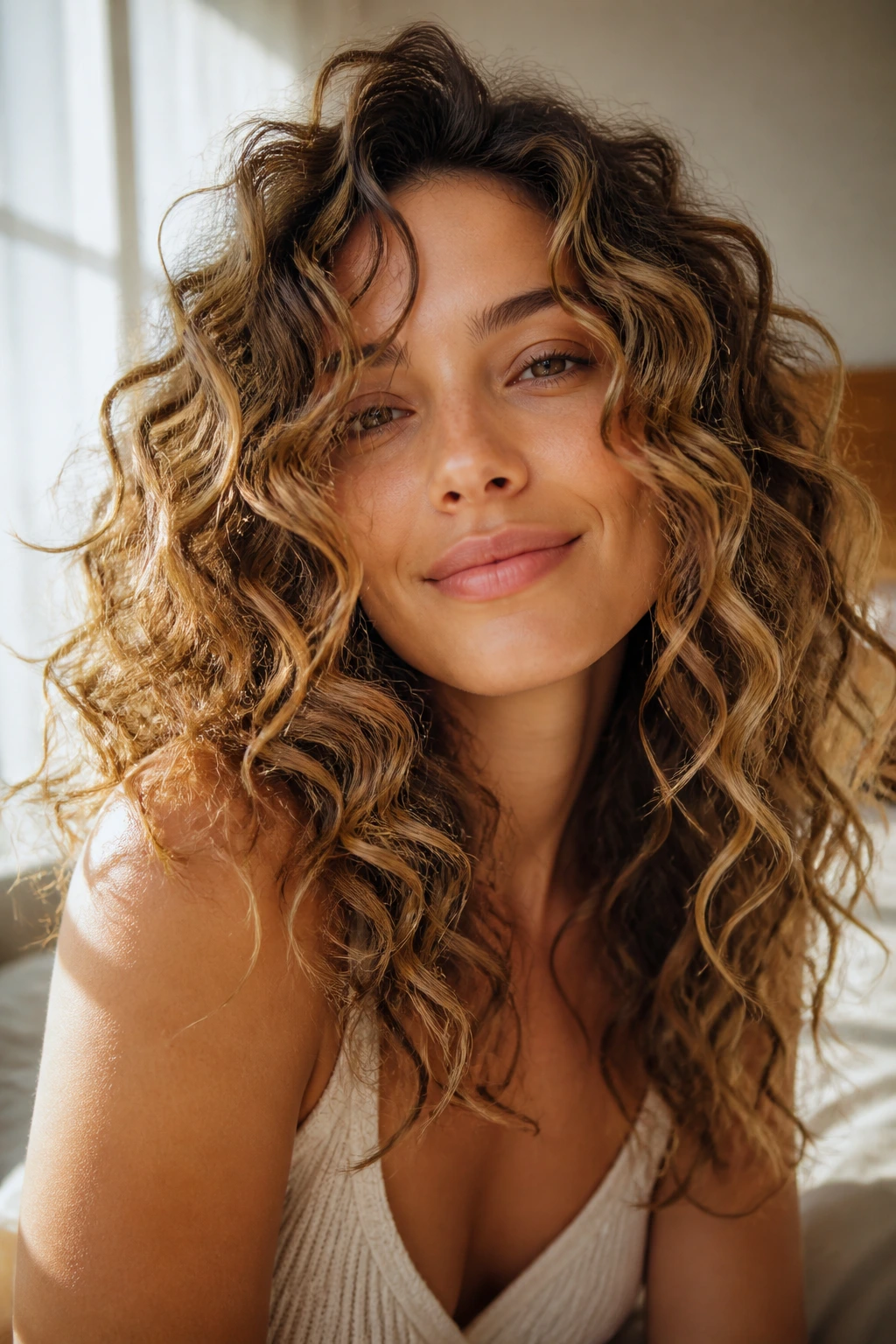 Close-up of a real woman with curly hair and beachy waves showing dimensional color.
