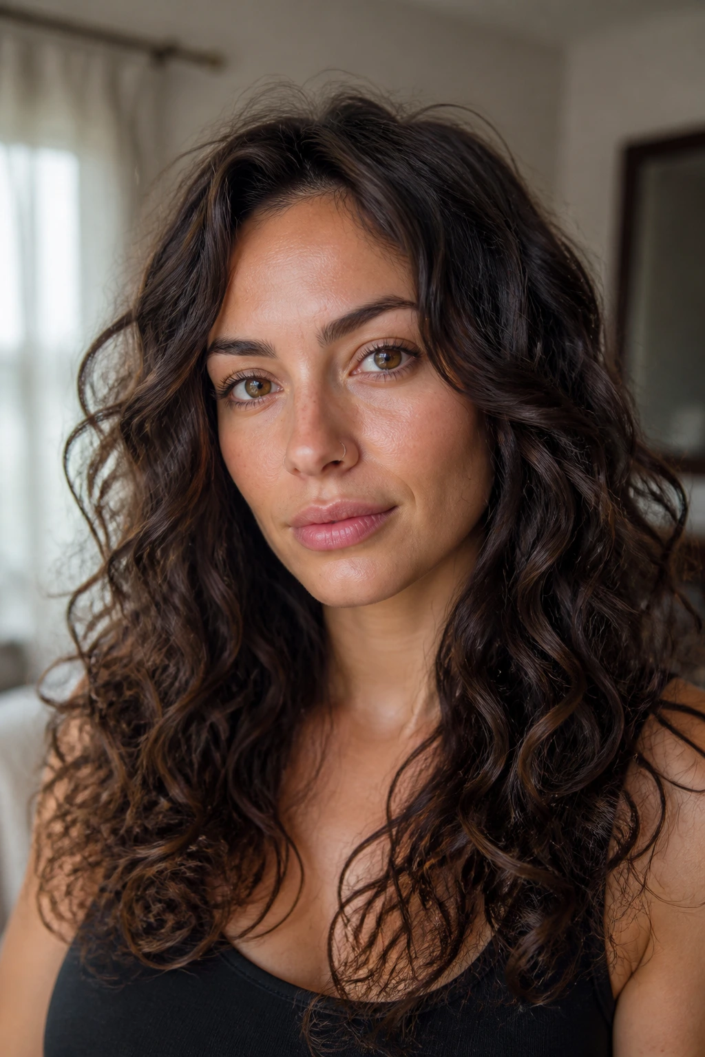 Close-up of a real woman with curly hair featuring minimal front pieces blended into long layers