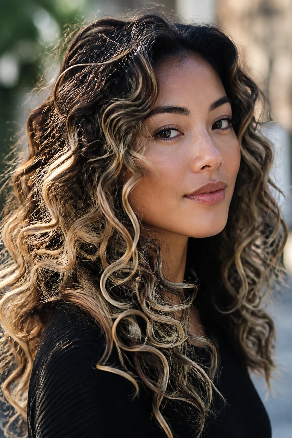 Portrait of a woman with curly hair showing outer lighter ribbons for dimension.