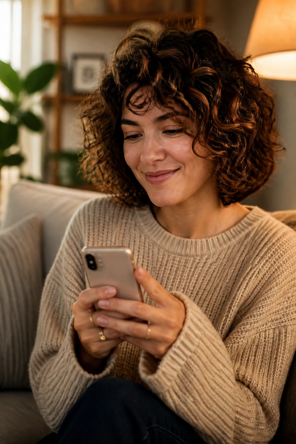 Close-up portrait of a person with natural curls, cozy setting suggesting bookmarking a collection