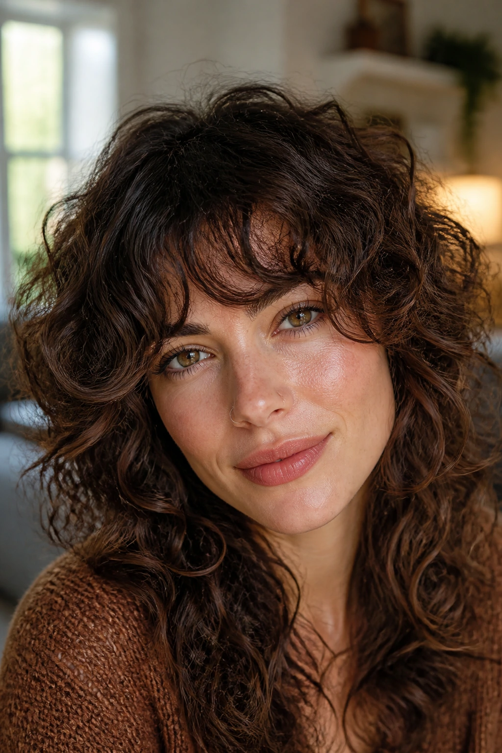Close-up of a real woman with bottleneck bangs and curly shag in natural window light