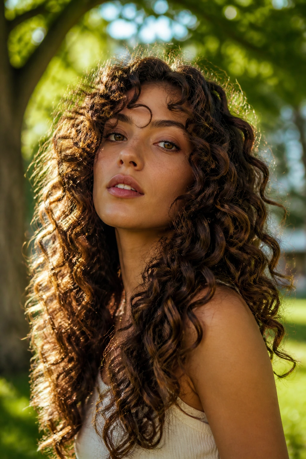 Close-up of a real woman with long curly hair showing bounce and shape with defined curls.