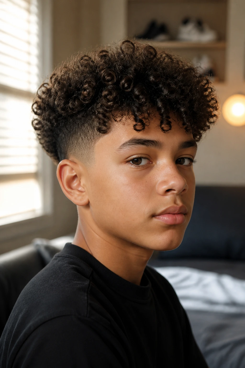 Portrait of a boy with curly hair and neat sides showcasing curl texture