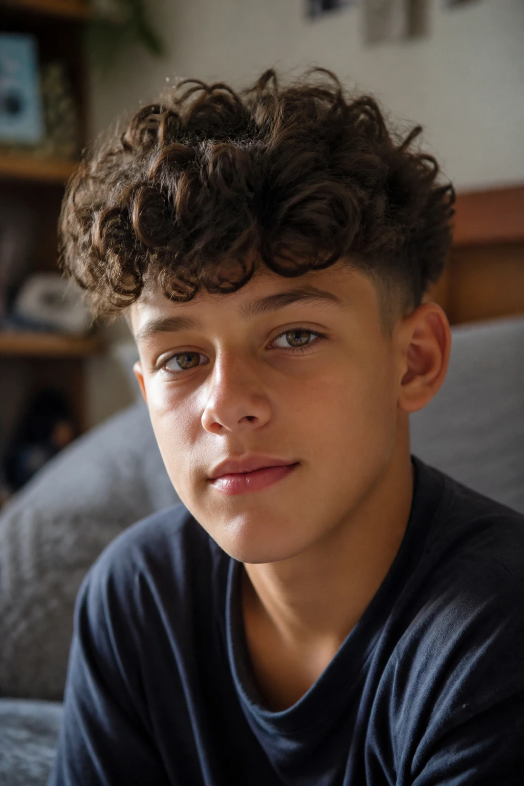 Close-up portrait of a real boy with curly hair in a cozy bedroom with natural light