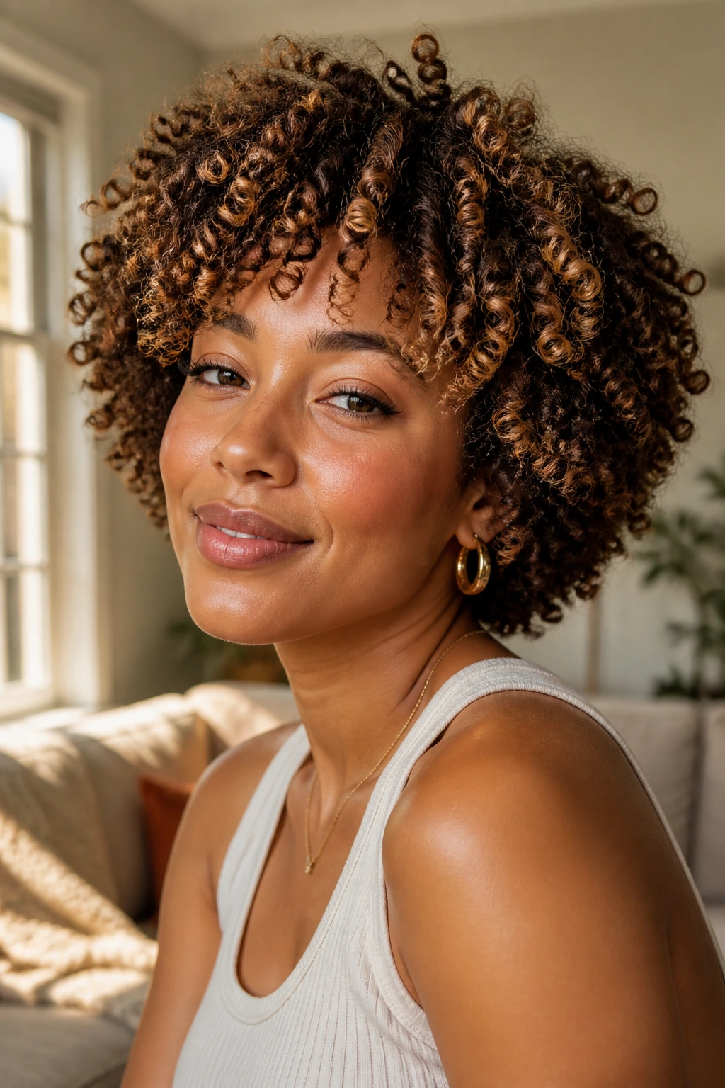 Close-up of a real woman with a curly haircut and caramel highlights