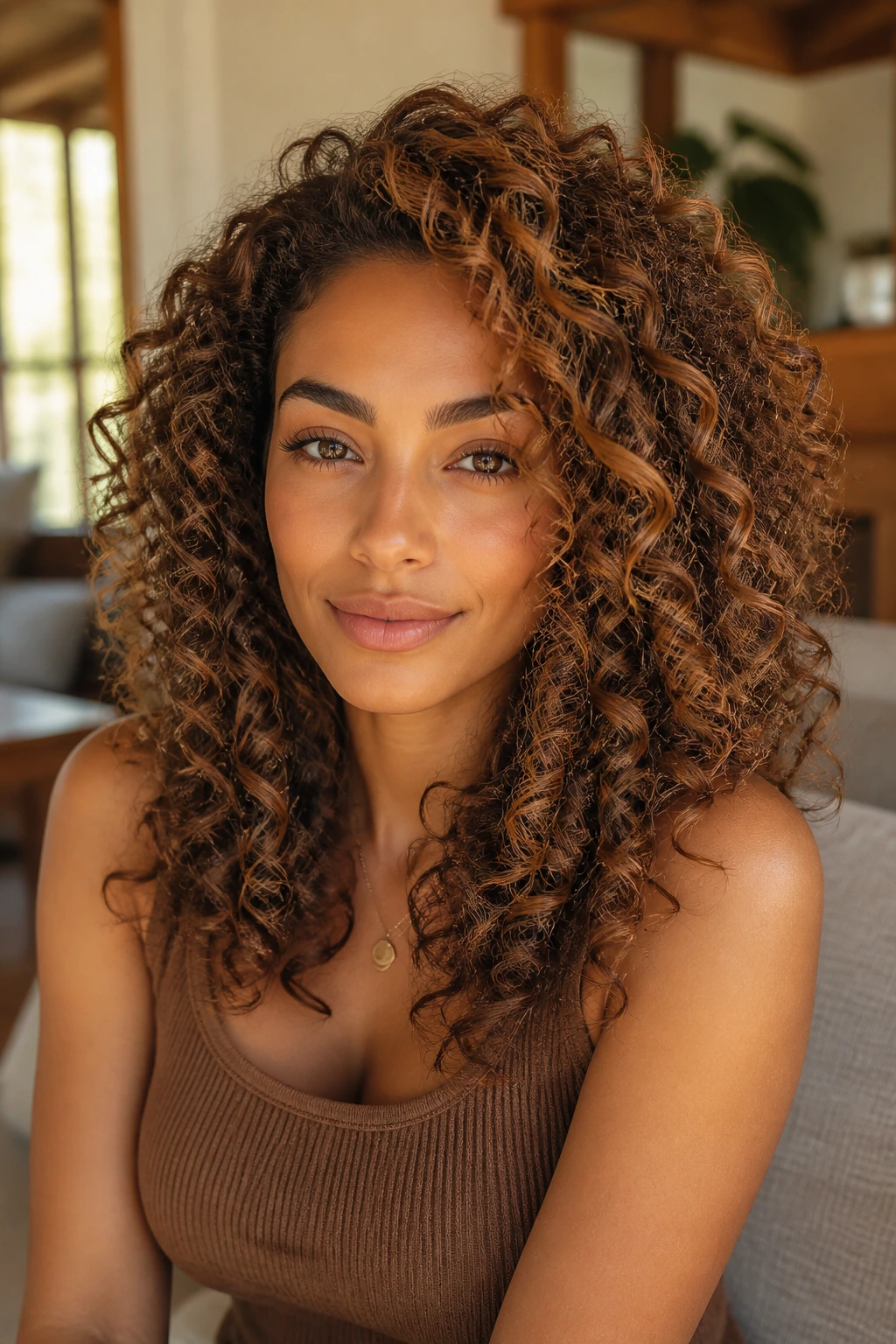 Close-up of a real woman with cinnamon-caramel curly hair on tan skin in warm natural light