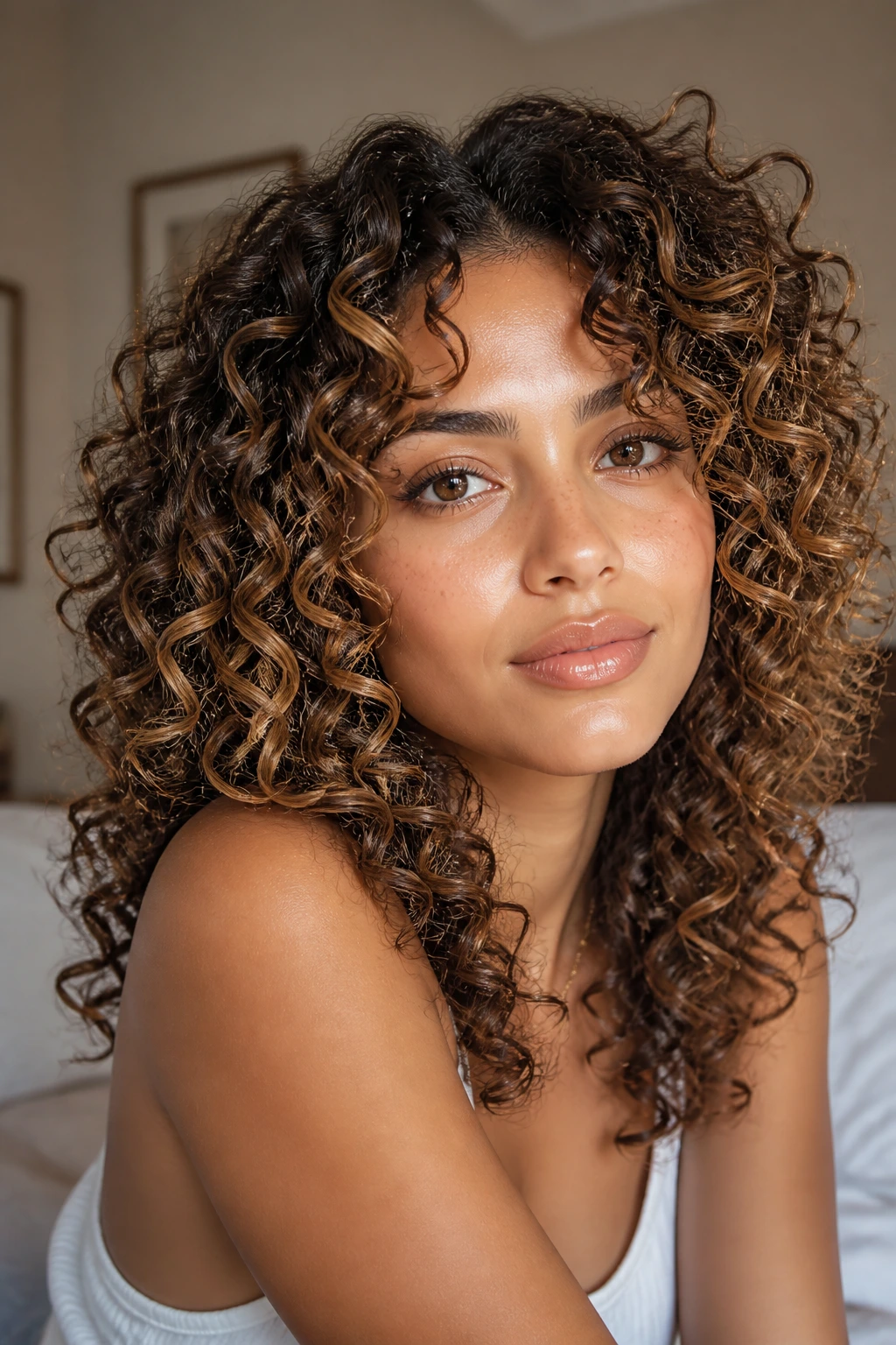 Close-up of curly hair with caramel halo pieces catching soft window light