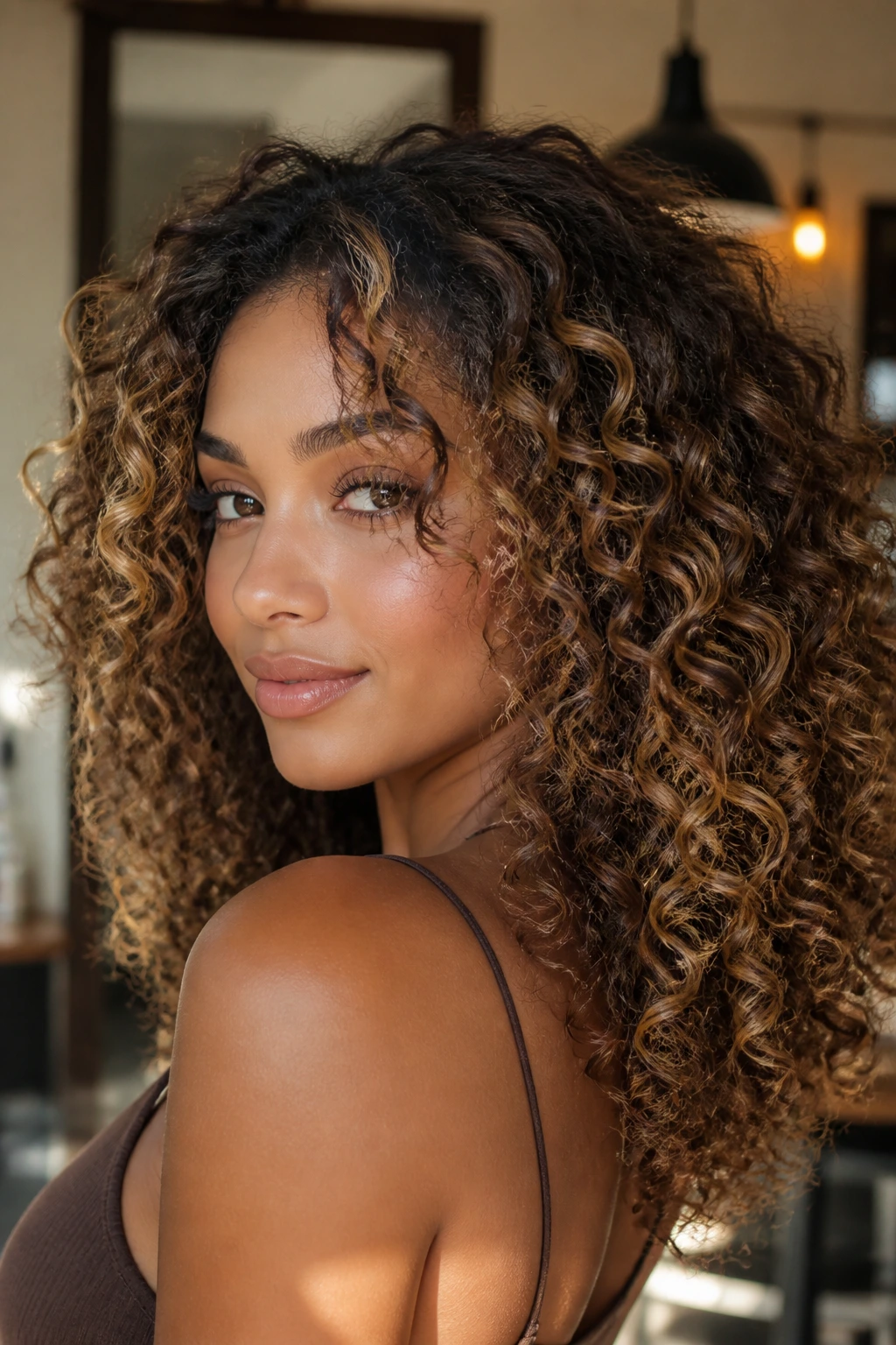 Close-up portrait of a real woman with curly caramel highlights framing facial curls