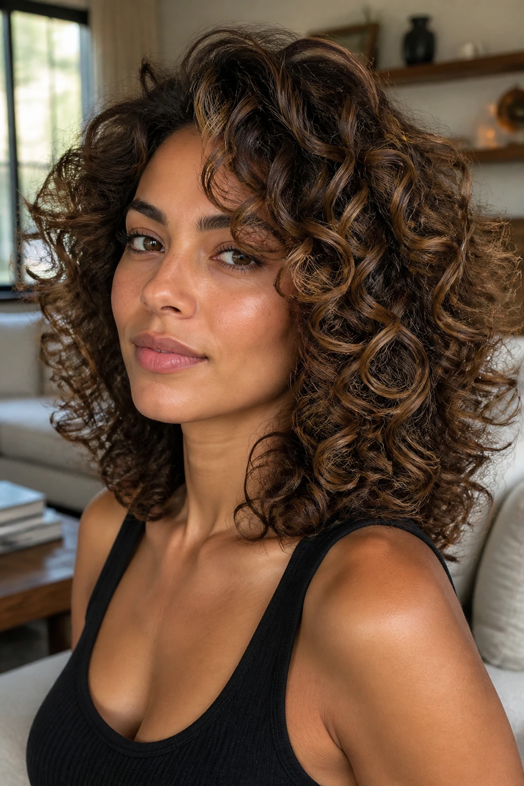 Close-up of a real person with espresso-based curls and caramel highlights in airy rounded layers