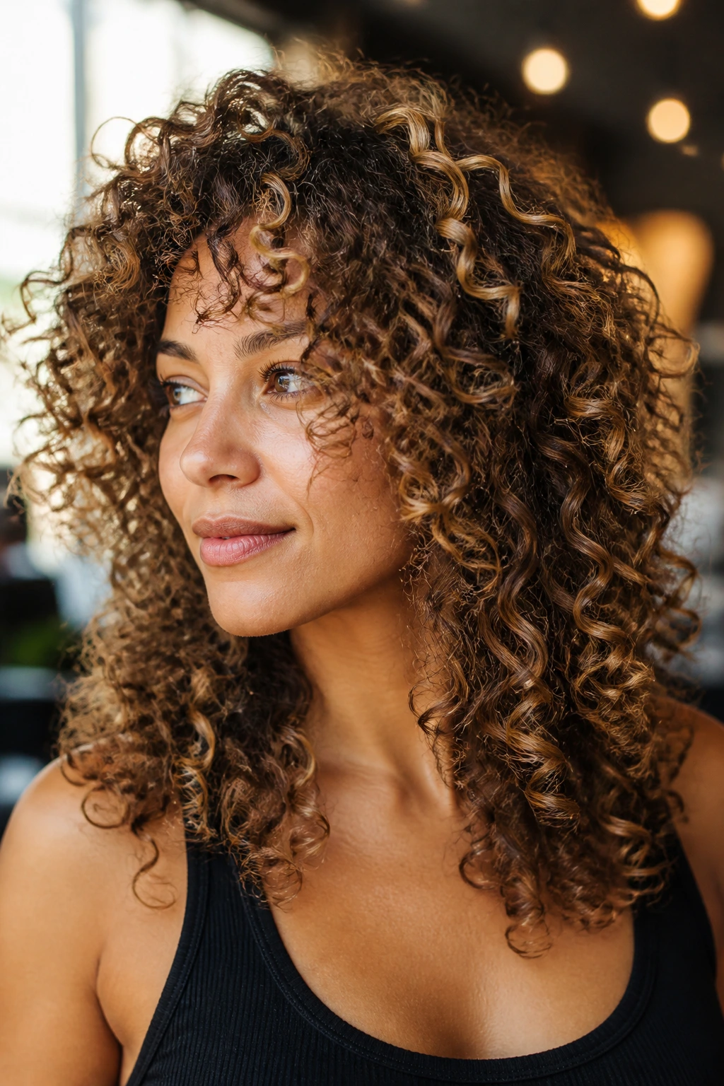 Close-up portrait of a real woman with curly hair showing layered curls and caramel highlights in a salon setting