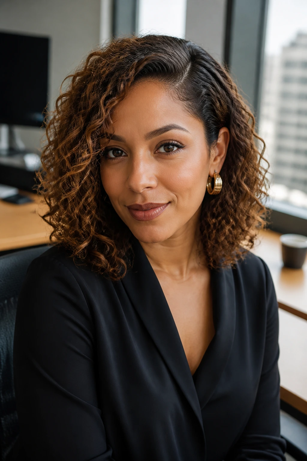 Portrait of a woman with caramel-highlighted curly hair in an office setting