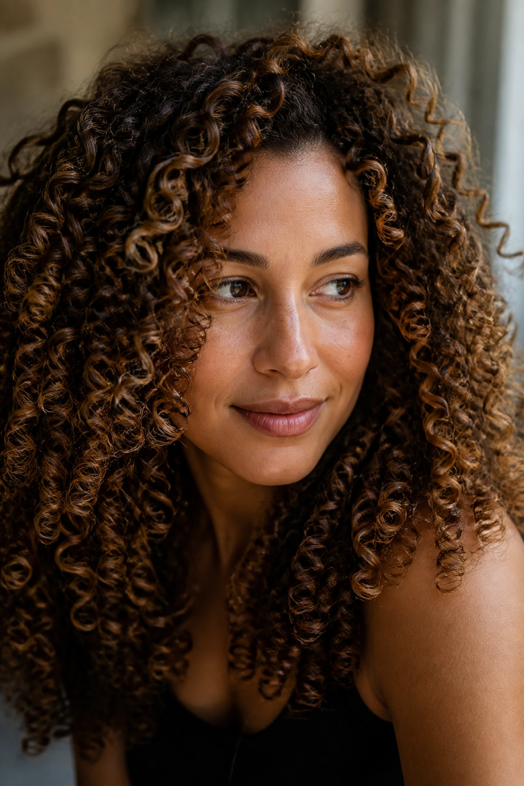 Close-up of a woman with curly hair showing caramel-painted coils